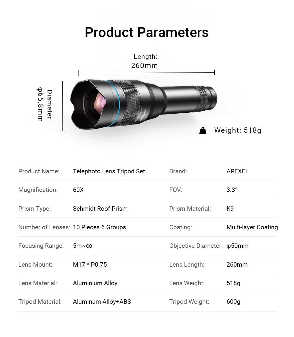 APEXEL 60X Mobile Phone Telescope Lens Astronomical Telephoto Zoom Lens With Extendable Tripod for iPhone Huawei All Smartphones
