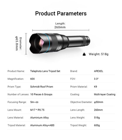 APEXEL 60X Mobile Phone Telescope Lens Astronomical Telephoto Zoom Lens With Extendable Tripod for iPhone Huawei All Smartphones