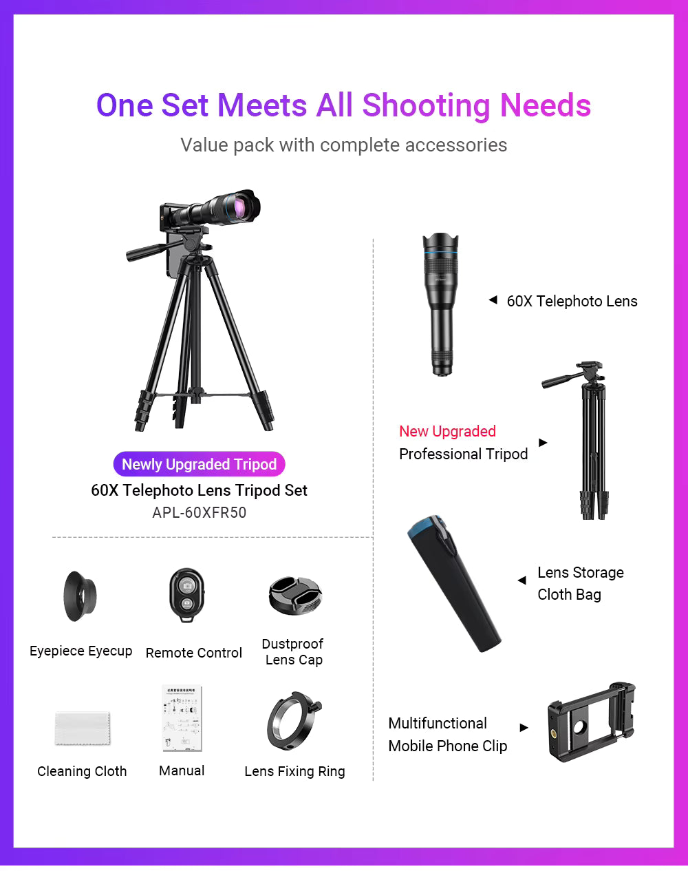 APEXEL 60X Mobile Phone Telescope Lens Astronomical Telephoto Zoom Lens With Extendable Tripod for iPhone Huawei All Smartphones