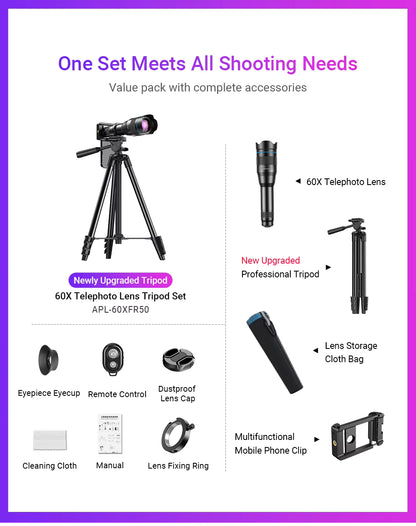 APEXEL 60X Mobile Phone Telescope Lens Astronomical Telephoto Zoom Lens With Extendable Tripod for iPhone Huawei All Smartphones