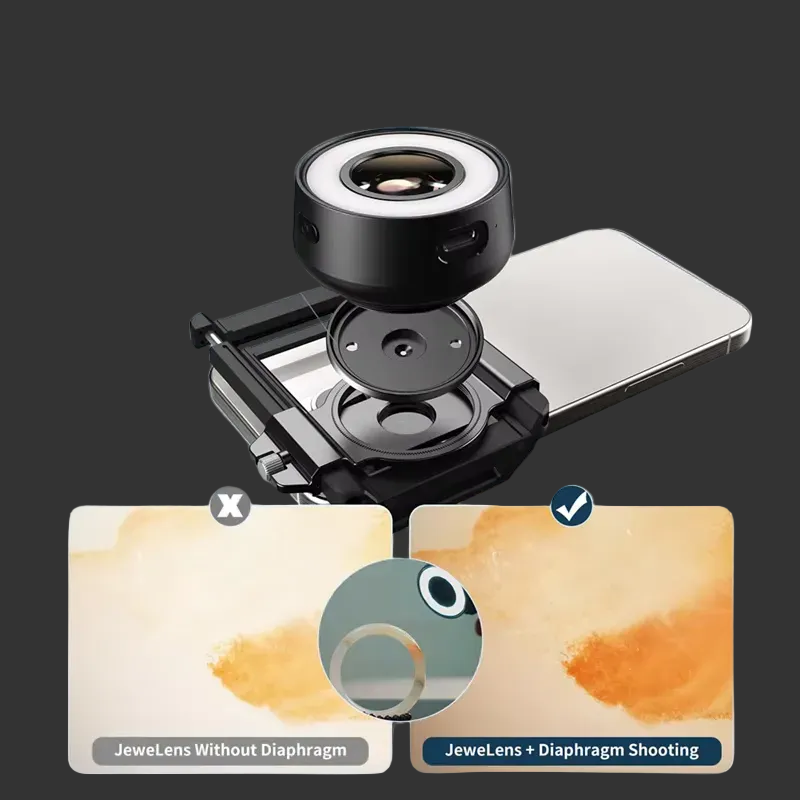 Phone camera lens attachment with diaphragm on a dark background