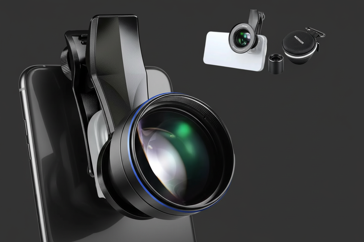 Phone camera lens with 'Neewer' branding on a dark background