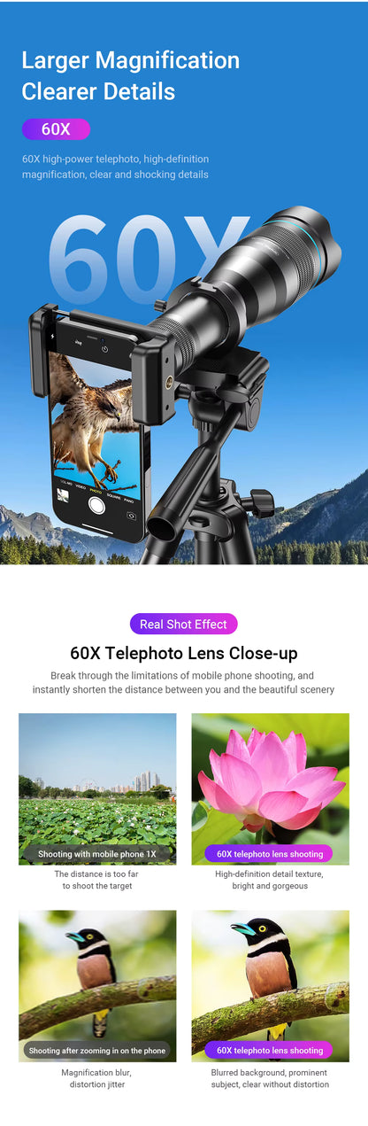 APEXEL 60X Mobile Phone Telescope Lens Astronomical Telephoto Zoom Lens With Extendable Tripod for iPhone Huawei All Smartphones